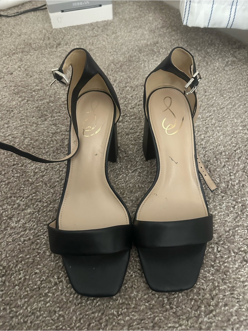 Sam Edelman Black Square-Toe Ankle-Strap Block Heels